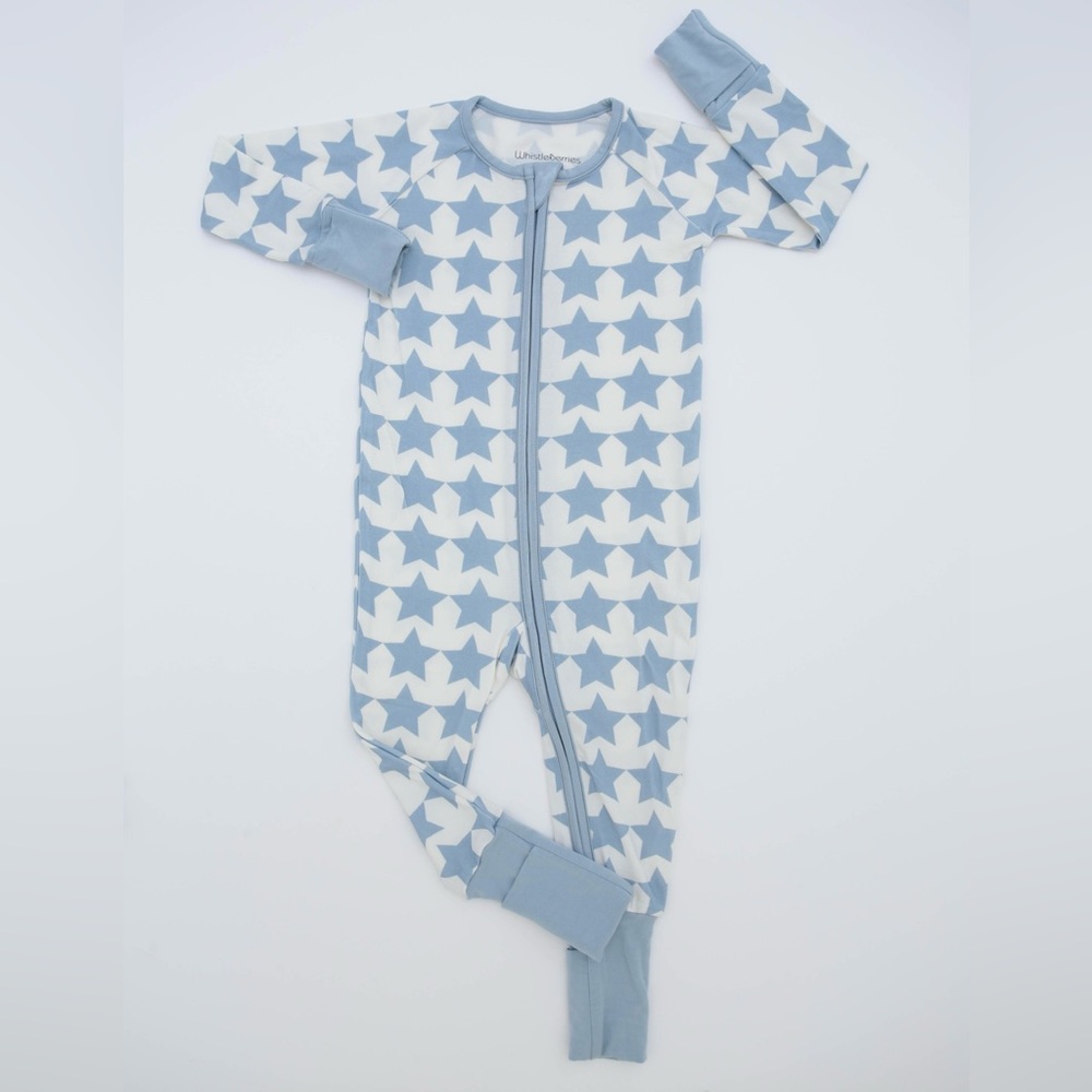 Whistleberries Little Blue Star Bamboo Footed Unisex Sleepies - Picture 2 of 2